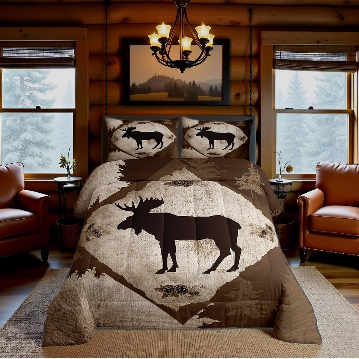Homewish Jungle Cabin Comforter Set,Moose Animal Pine Trees Bedding Sets for Kids Teens Adults,Retro Wooden Stripes Rustic Farmhouse Quilted Comforter with 2 Pillowcases Queen Size 3 Pcs