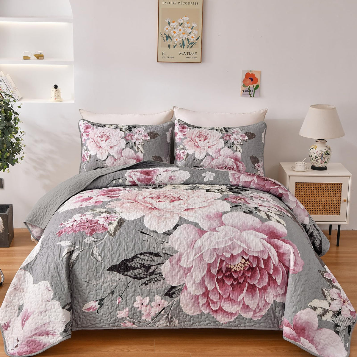 WONGS BEDDING Fall Quilt King Size, 3 Pcs Taupe Floral Bedspread Bedding
