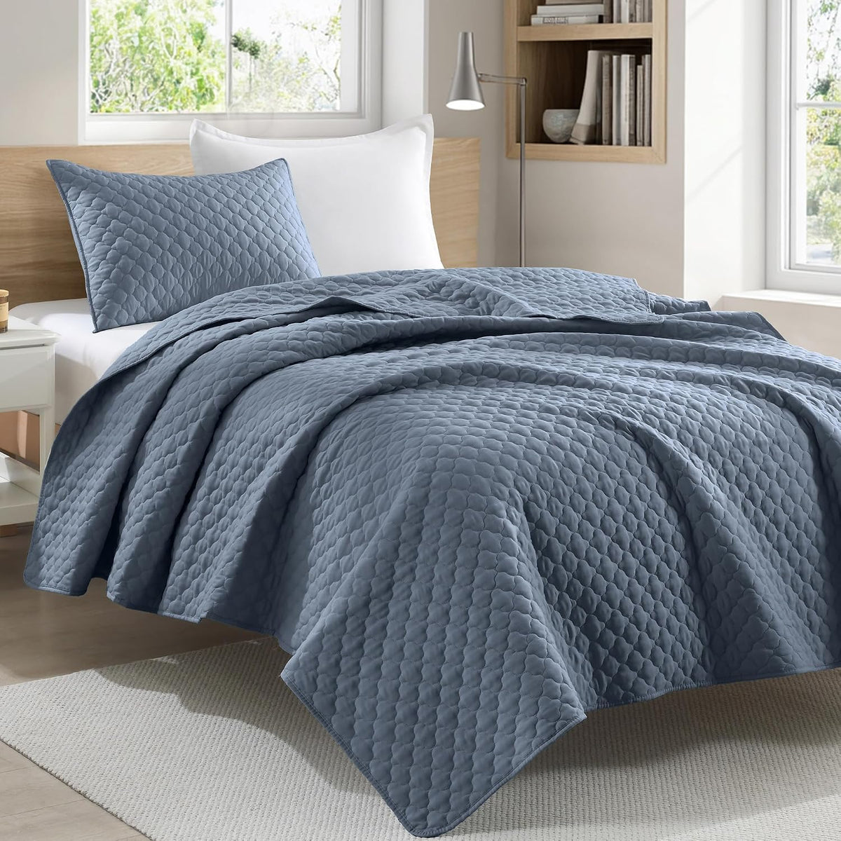 HORIMOTE HOME Quilt Twin Size Dusty Blue, Lightweight Quilt for Summer Ultra-Soft Microfiber Modern Style Quilted Clouds Pattern Bedspread Quit Set 2 Pieces (1 Quilt and 1 Pillow Sham)