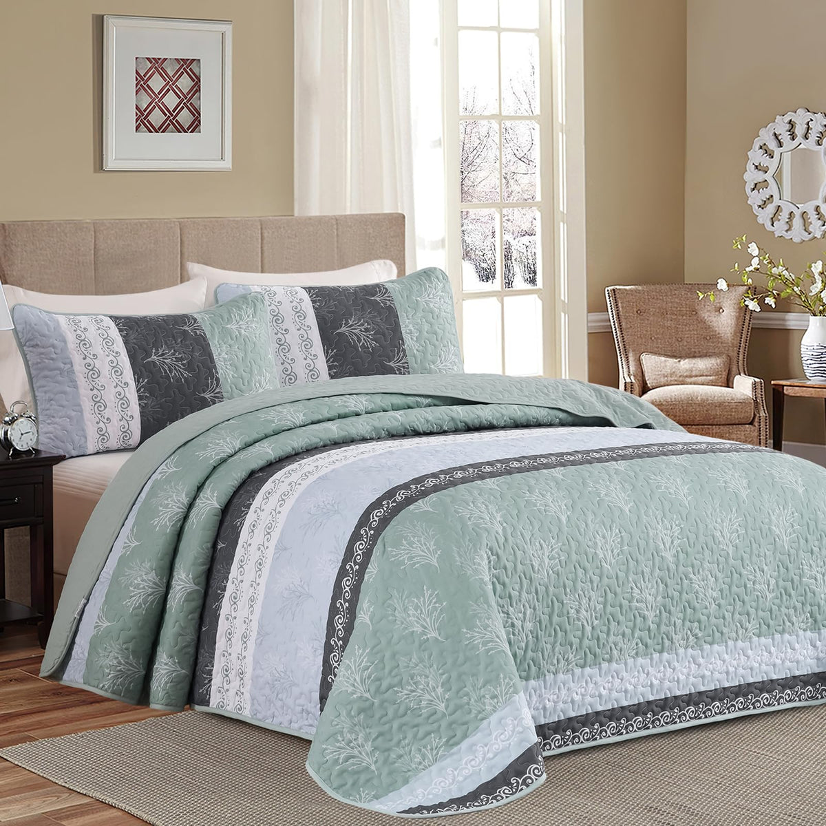 DJY Queen Quilt Set, Lightweight Striped Bedspread Bedding Set, Dark Brown
