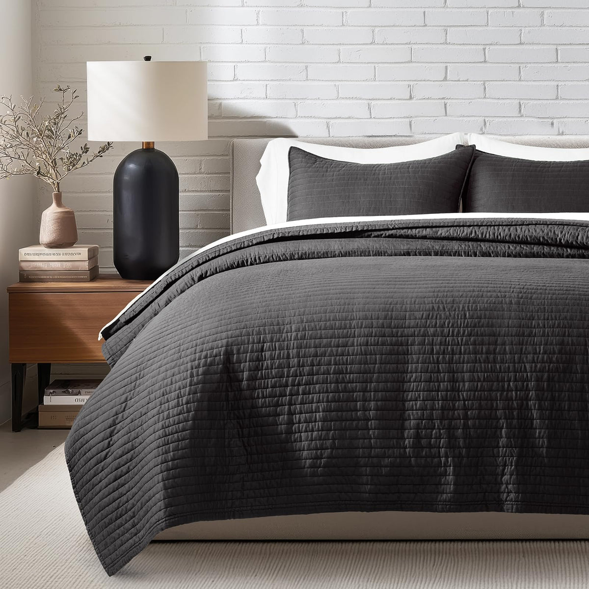 EVERGRACEHOME Cotton Sateen Quilt Set, King Size, Olive Green