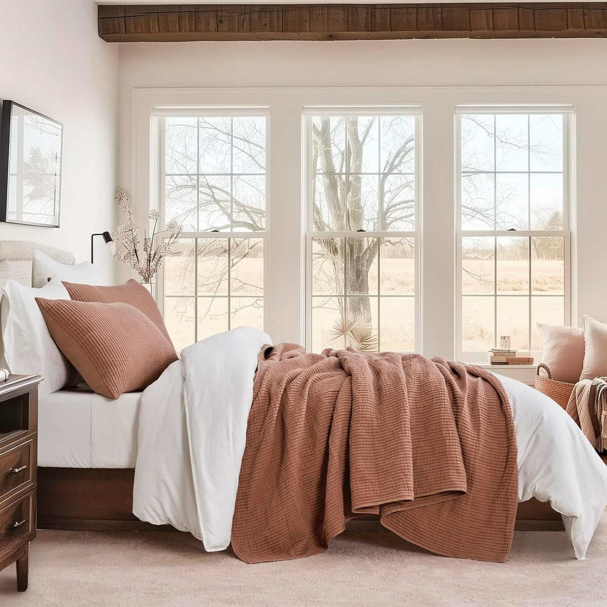 EVERGRACEHOME Cotton Ribbed Matelassé Coverlet Set, Queen Size, Clay