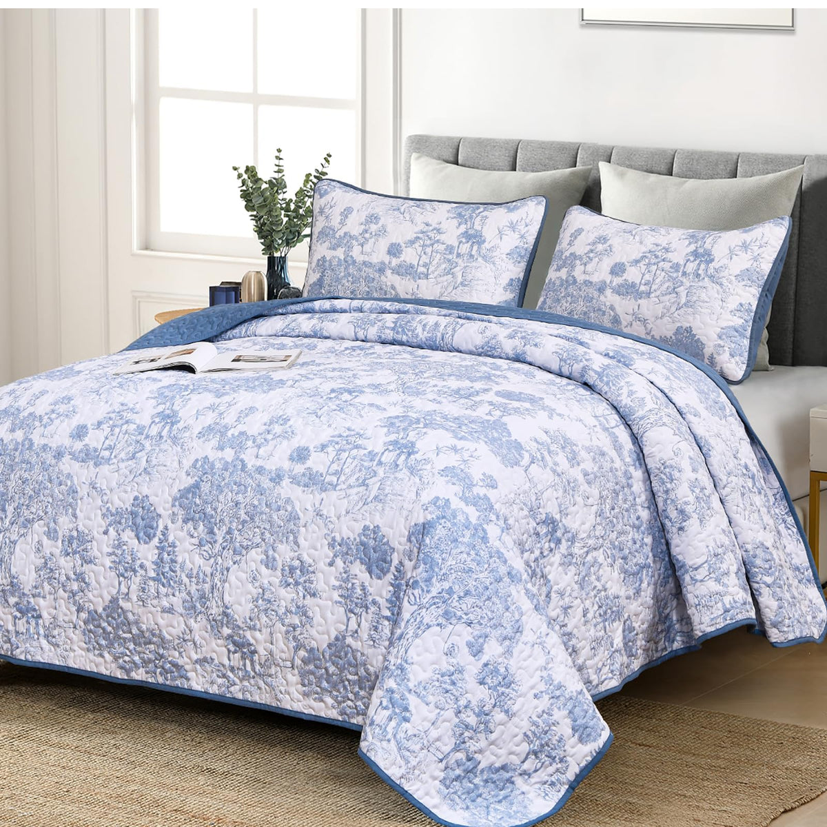 WONGS BEDDING Sage Green Quilt Set King Size, Botanical Floral Bedspread