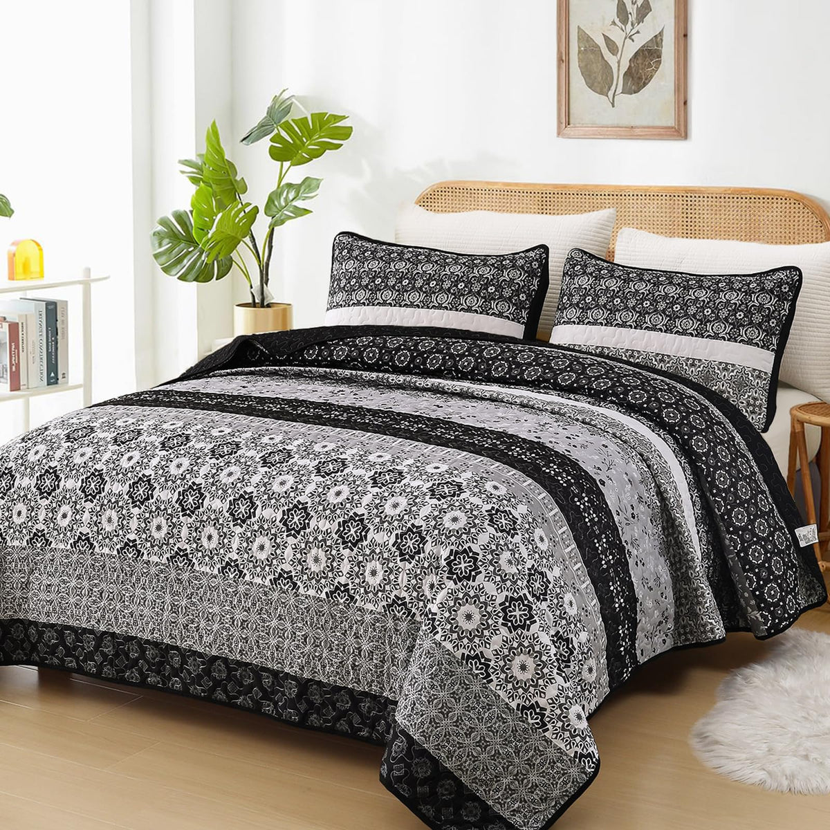 WONGS BEDDING Boho Quilt Set Queen，3 Pcs Yellow Floral Striped Bedspread
