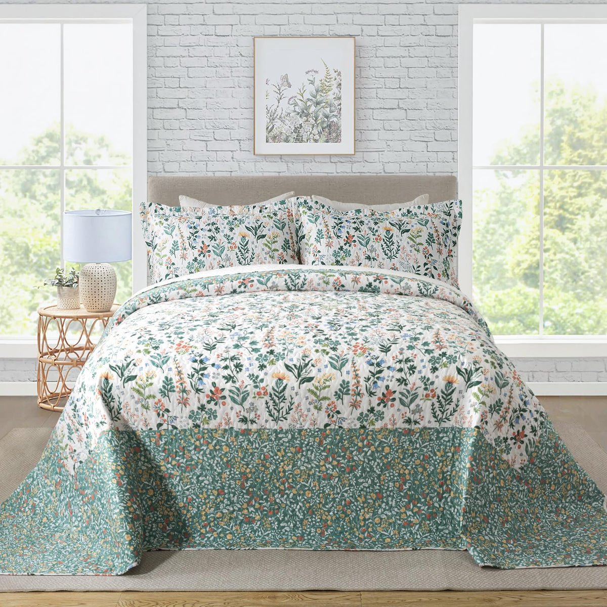 Travan 3-Piece Quilt Set Quilted Bedspread Lightweight Coverlet Set Garden Style Floral Printed Oversized Quilted Bedding Set with Shams for All Season, Exquisite, King Size