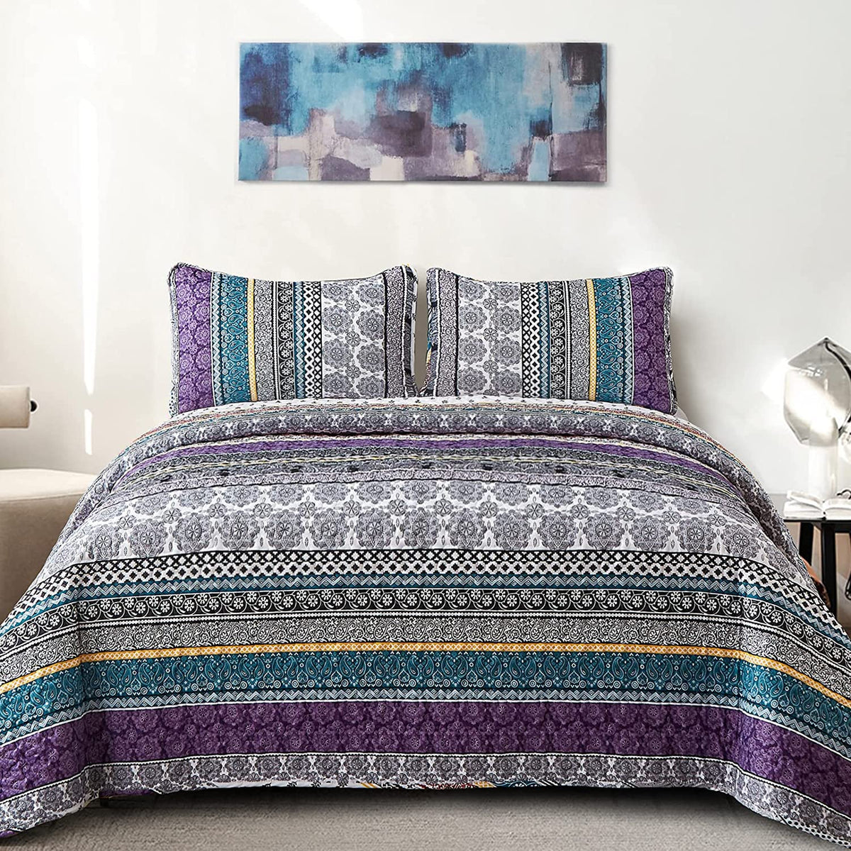 WONGS BEDDING Boho King Quilt Set，3 Pcs Light Blue Summer Bedspread