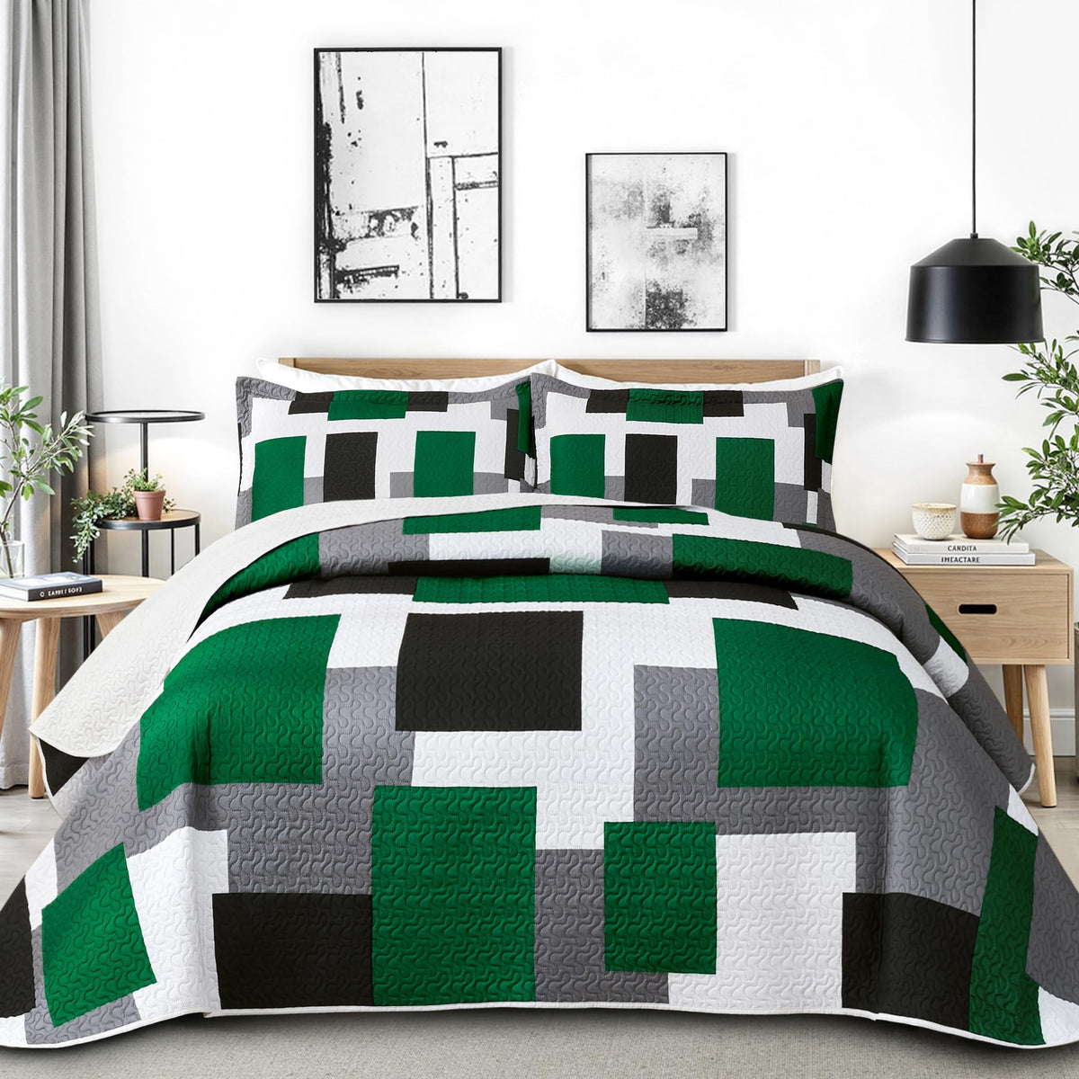 Tyrot 3 Piece Black Grey Quilt Full/Queen Size Black White Gray Bedding Set