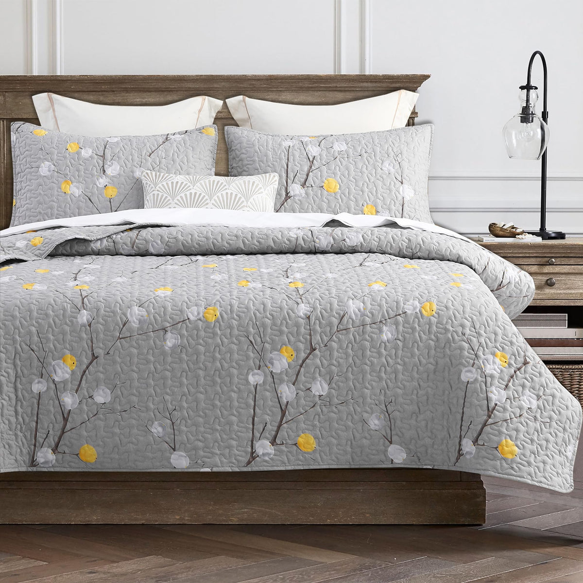 DURLENGEN Botanical Quilt California King Size,Reversible Bedding Set,Beige