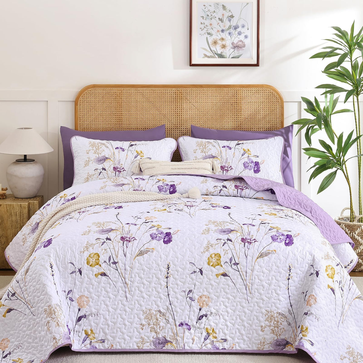 WONGS BEDDING Floral Blue Quilt Set King, 3Pcs Botanical Bedding Set