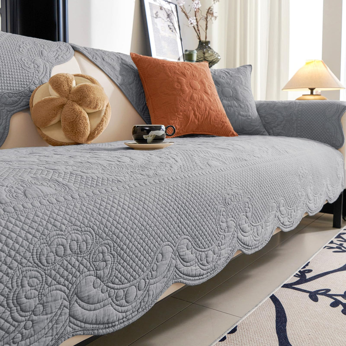 vctops Boho Cotton Quilted Couch Cover Soft Embroidered Sofa Cover Non-Slip Dog Bed Cover Scalloped Sofa Slipcover Washable Furniture Protector Cover (Khaki,28"x28")