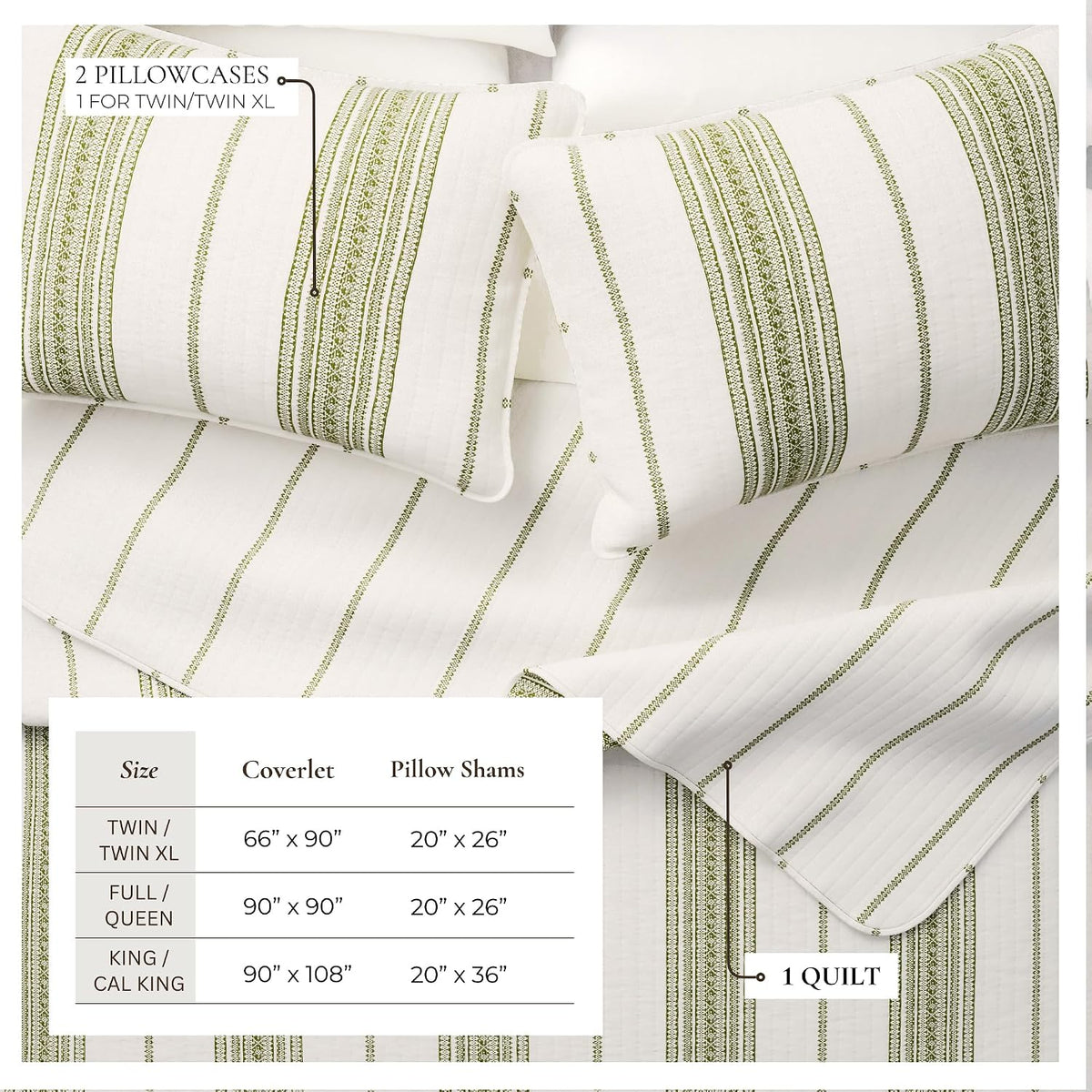 Great Bay Home Striped Printed Quilt Set - 2-Piece Twin/Twin XL Size Farmhouse Bedding Set - Lightweight, All-Season, Reversible Bedspread (Cream/Olive Green)