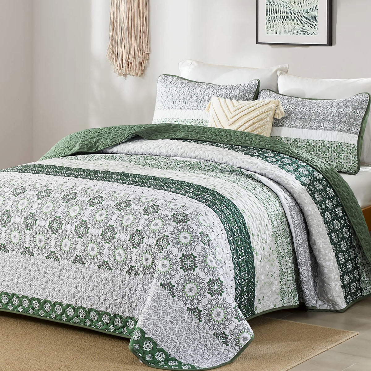 WONGS BEDDING Boho Quilt Set Queen，3 Pcs Yellow Floral Striped Bedspread