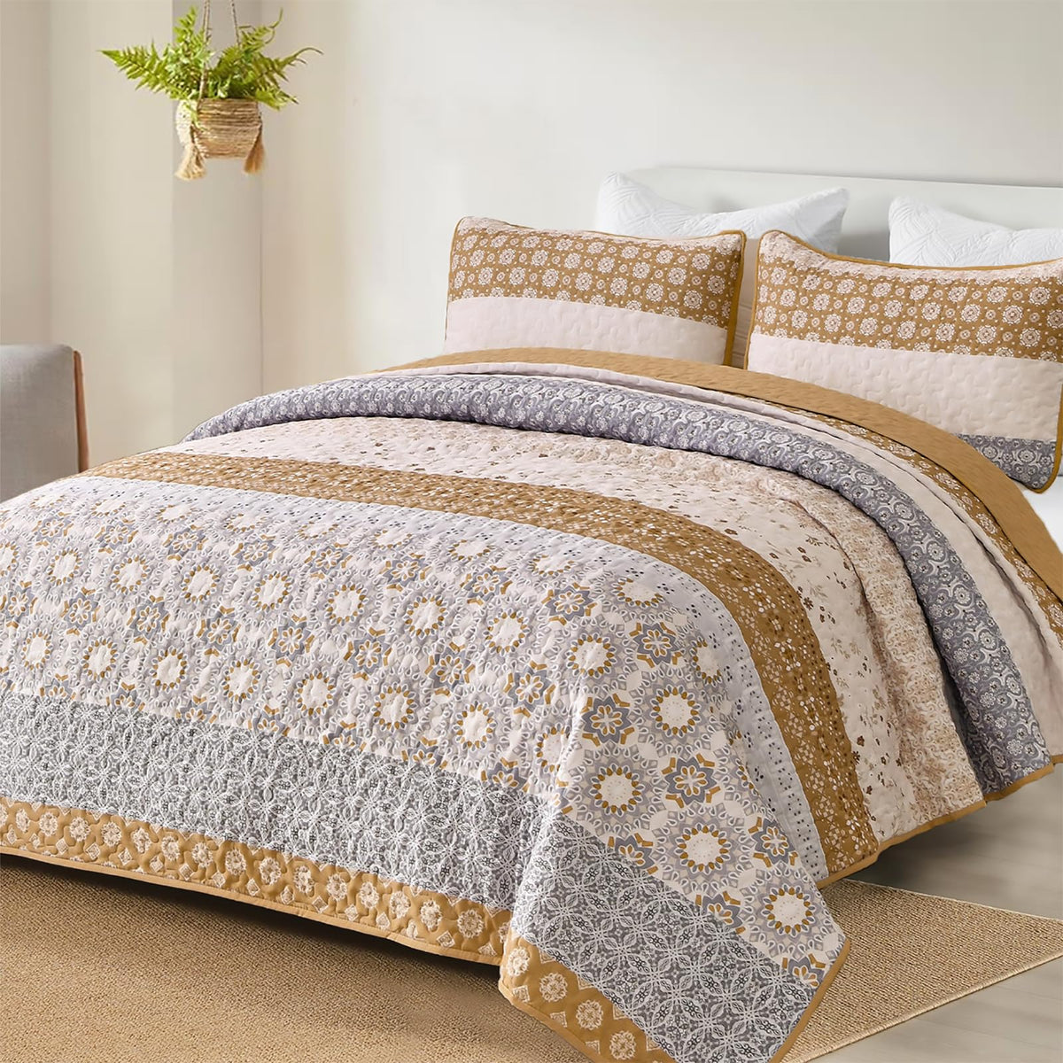 WONGS BEDDING Boho Quilt Set Queen，3 Pcs Yellow Floral Striped Bedspread