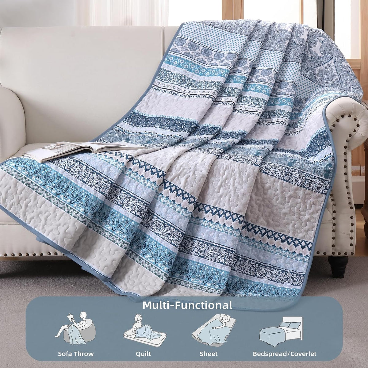 WONGS BEDDING Boho King Quilt Set，3 Pcs Light Blue Summer Bedspread
