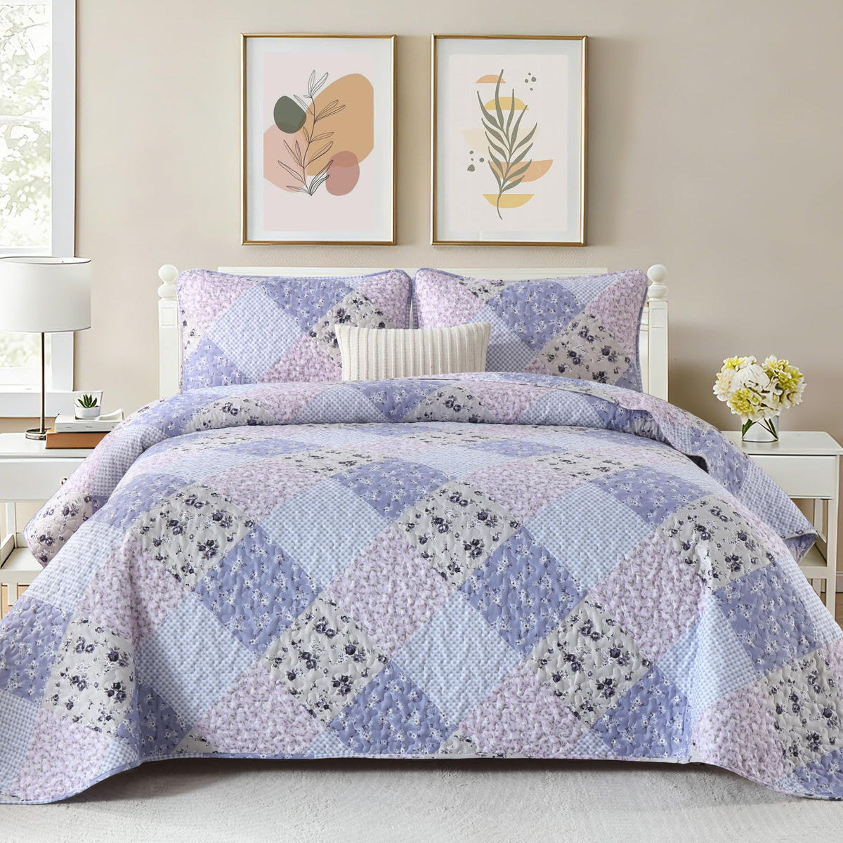 Dinjoy Boho Quilt Set Full Size, Patchwork Floral Bedspreads, Purple