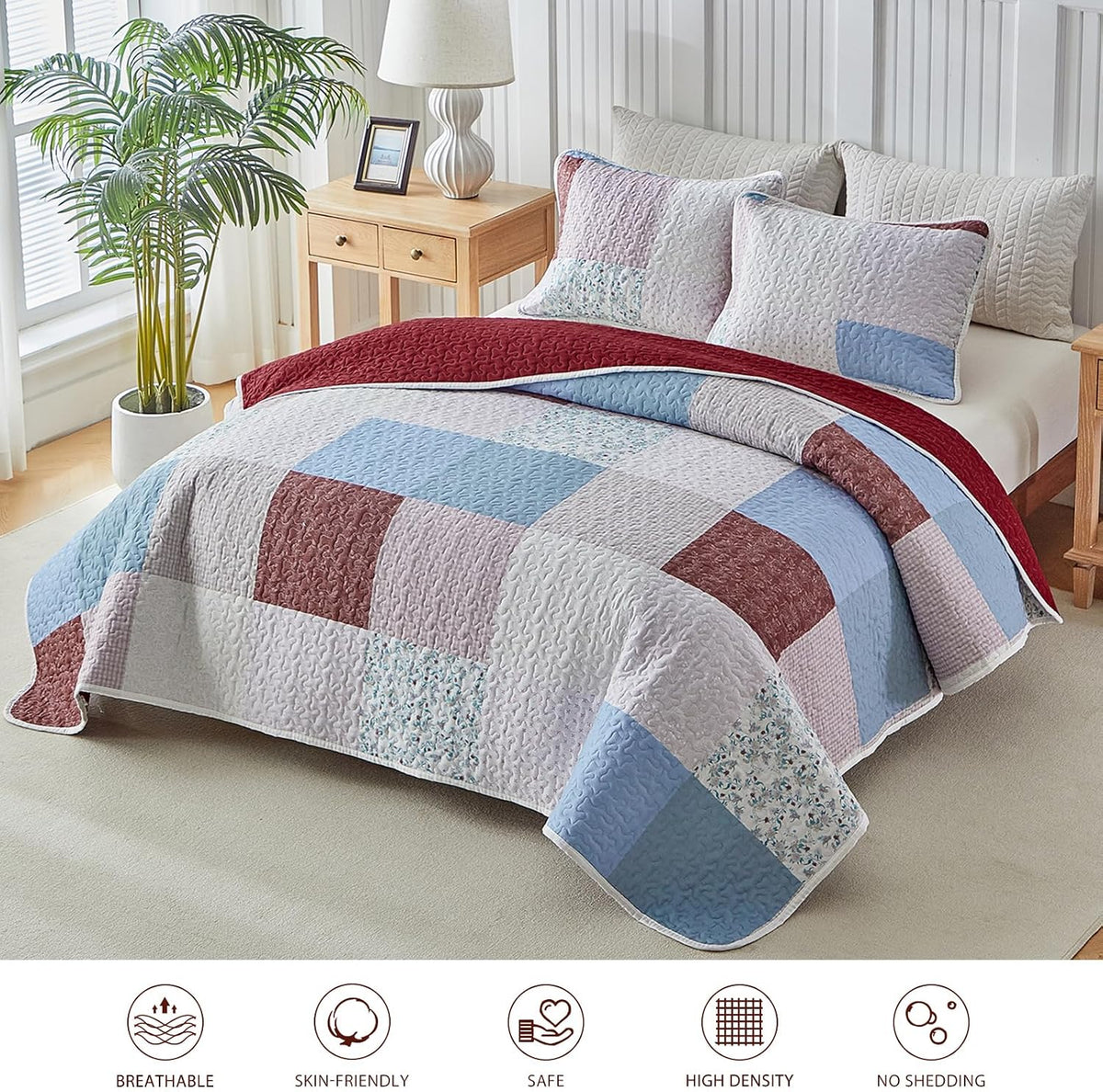 Joyreap 2pcs Floral Quilt Set Twin, Burgundy Red Botanical Patchwork Grid Design, Lightweight Cozy Bedspread Coverlet for All Season- 68x88 inches
