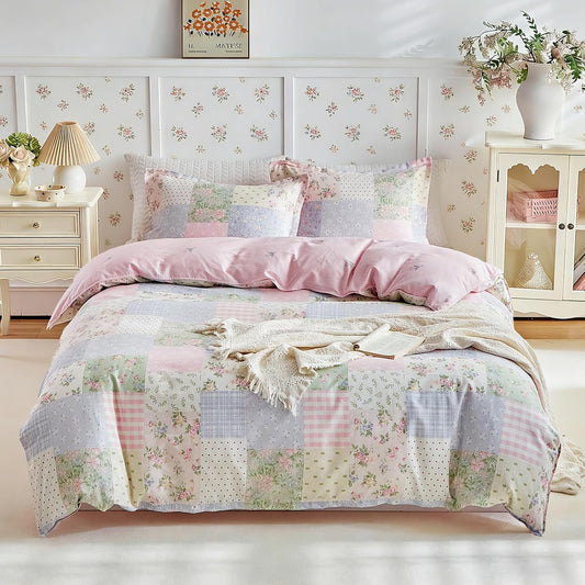 Joyreap 3pcs Twin Size Cotton Duvet Cover Set for Girls, Colorful Flowers Grids Patchwork Design, 1 Duvet Cover 68x90 Inches (Comforter Not Included) and 2 Pillow Shams