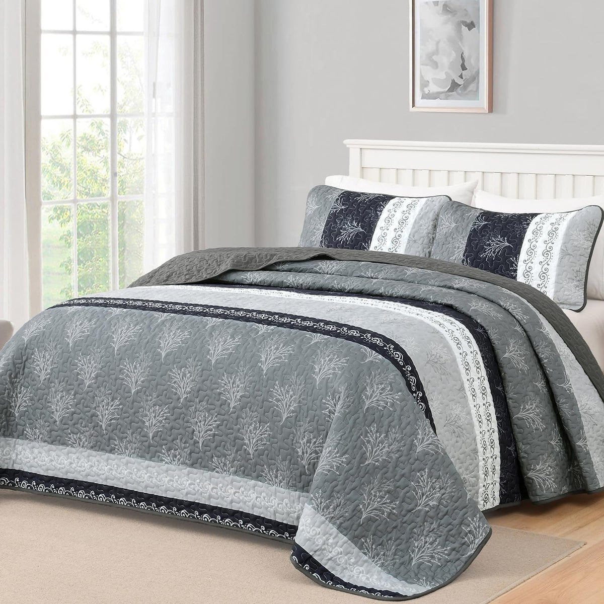 DJY Queen Quilt Set, Lightweight Striped Bedspread Bedding Set, Dark Brown