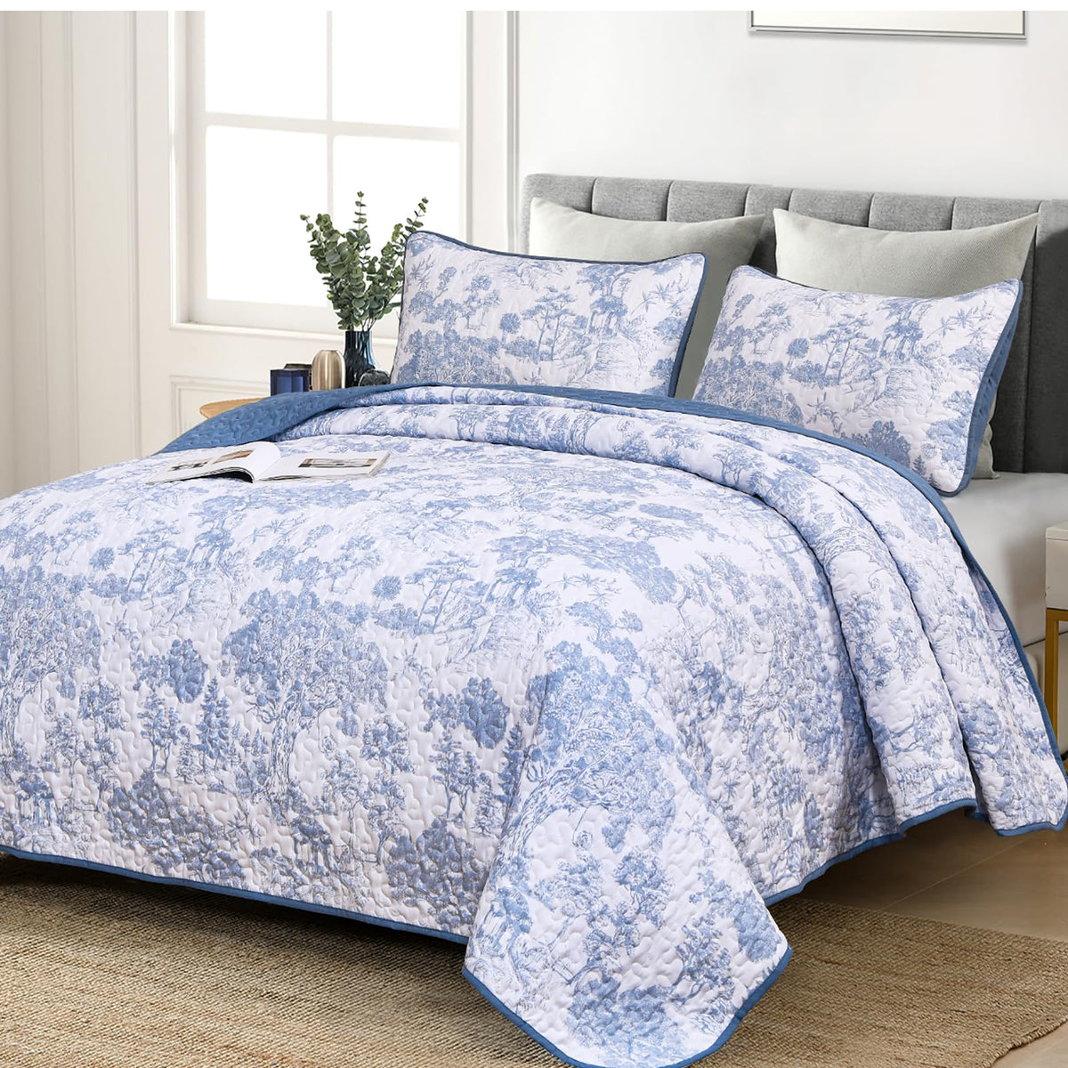 WONGS BEDDING Sage Green Quilt Set King Size, Botanical Floral Bedspread