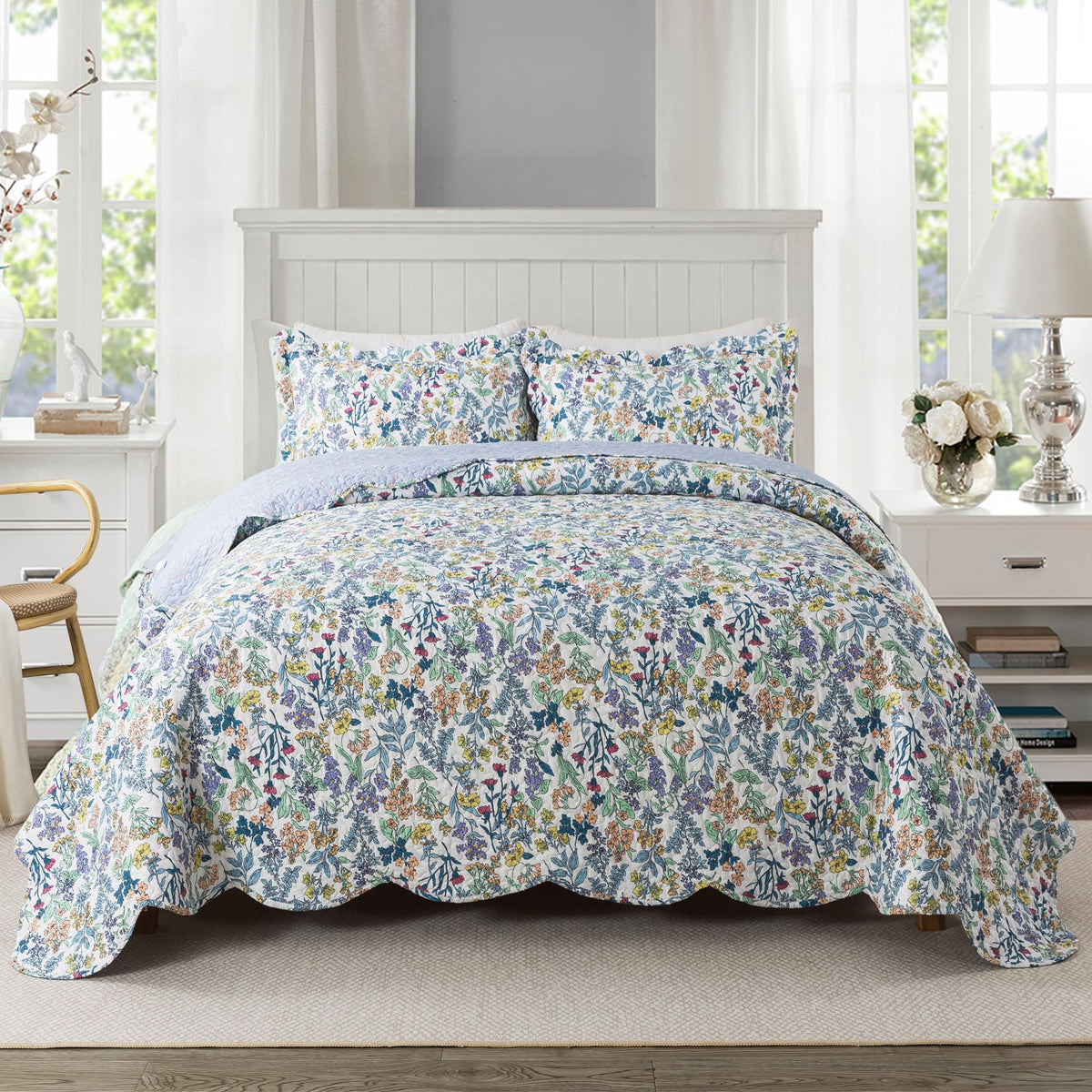 Travan 3-Piece Quilt Set Quilted Bedspread Lightweight Coverlet Set Garden Style Floral Printed Oversized Quilted Bedding Set with Shams for All Season, Exquisite, King Size