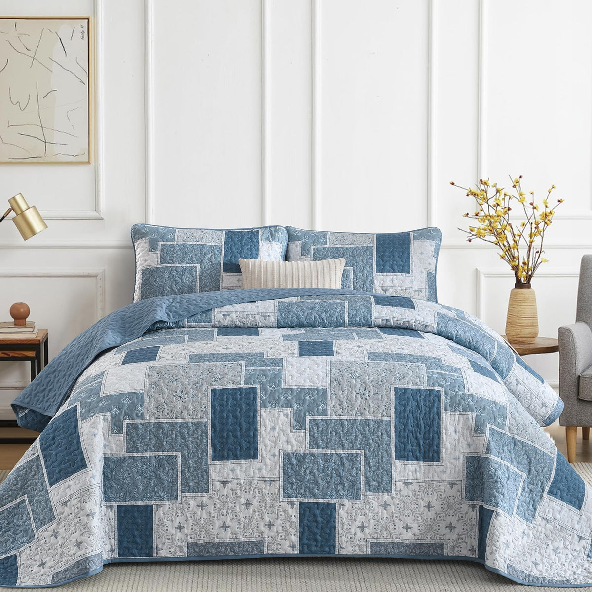 Xruibed Patchwork Quilt Set King Size, 3 Pcs Green Plaid Bedspread Set