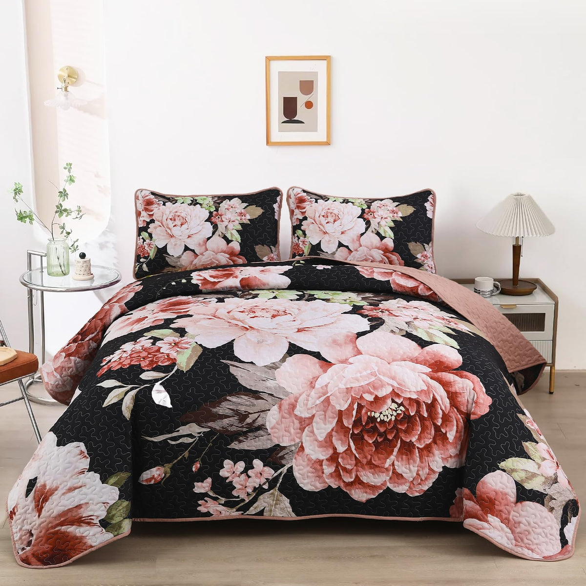 WONGS BEDDING Fall Quilt King Size, 3 Pcs Taupe Floral Bedspread Bedding