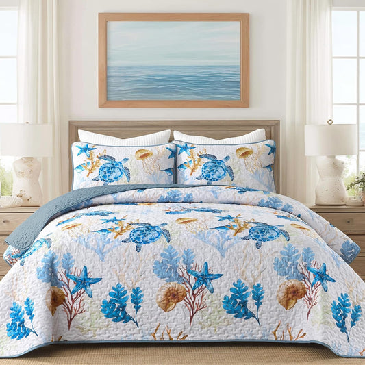 DJY Ocean Coastal Quilt Queen Size, 3 Pcs Sea Turtle Theme Bedspread Set