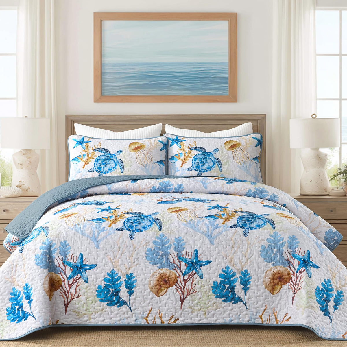 DJY Ocean Coastal Quilt Queen Size, 3 Pcs Sea Turtle Theme Bedspread Set