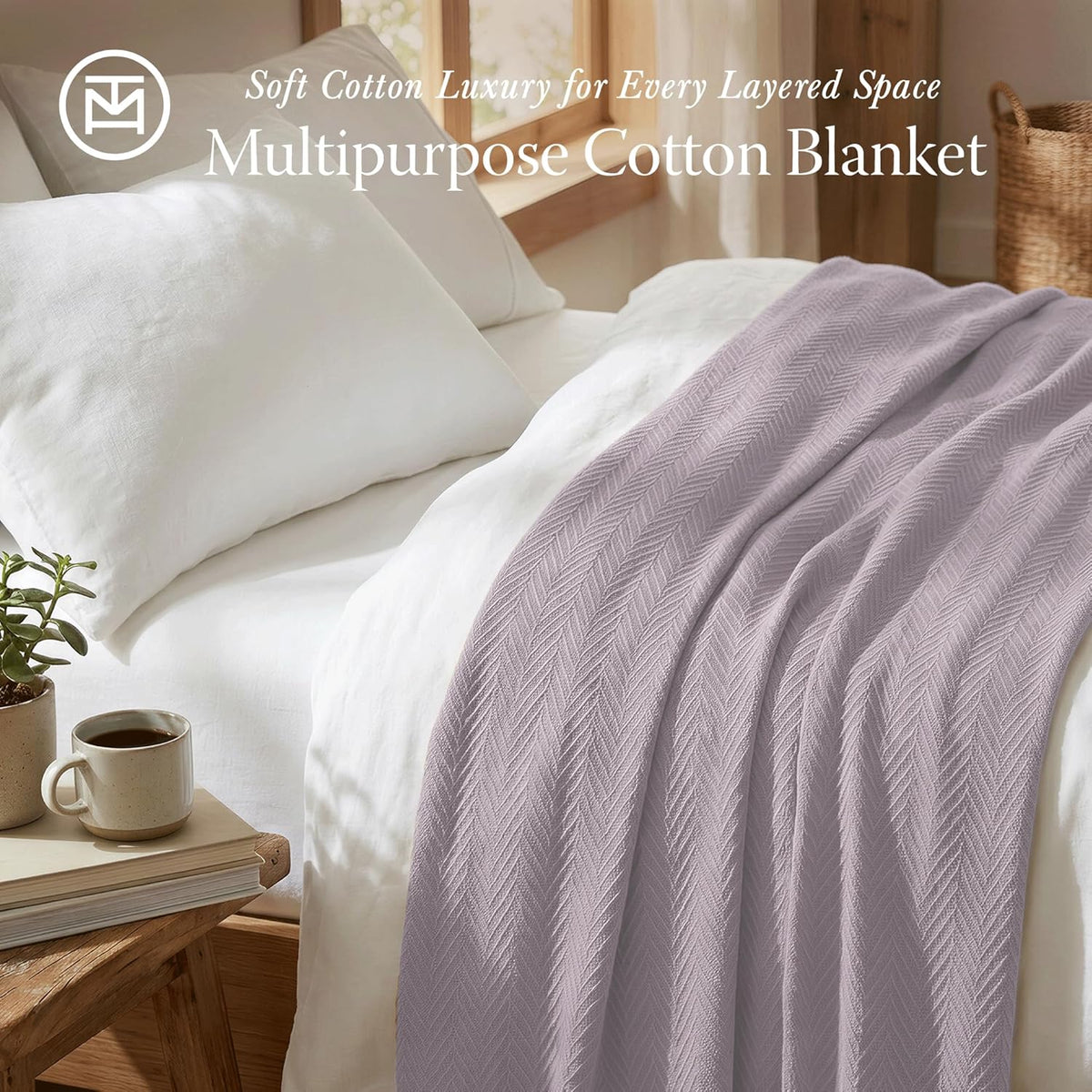 Threadmill Luxury 100% Cotton Twin Herringbone Blanket, Lilac