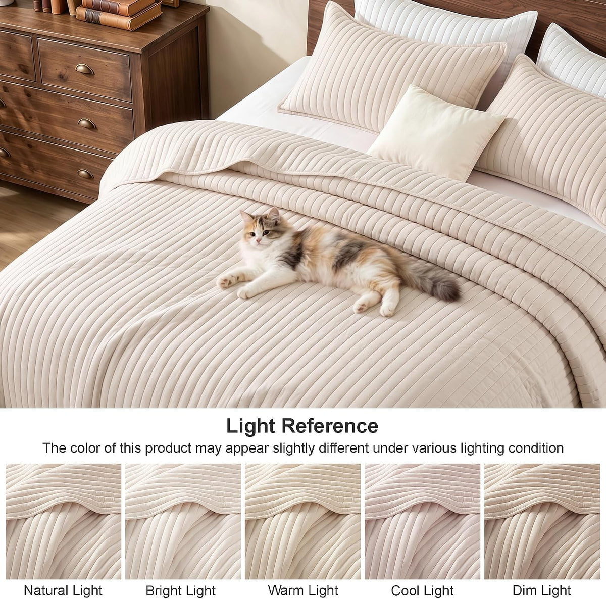 Exclusivo Mezcla Stripe Quilted King Quilt Bedding Set, Beige Cream