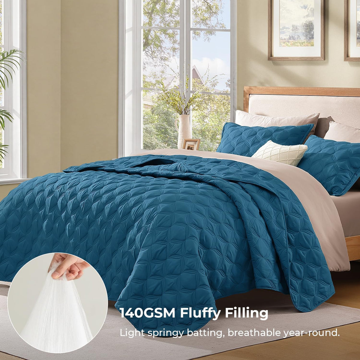Litanika King Quilt Bedding Set, 3 Pieces Teal Blue Bedspreads Set