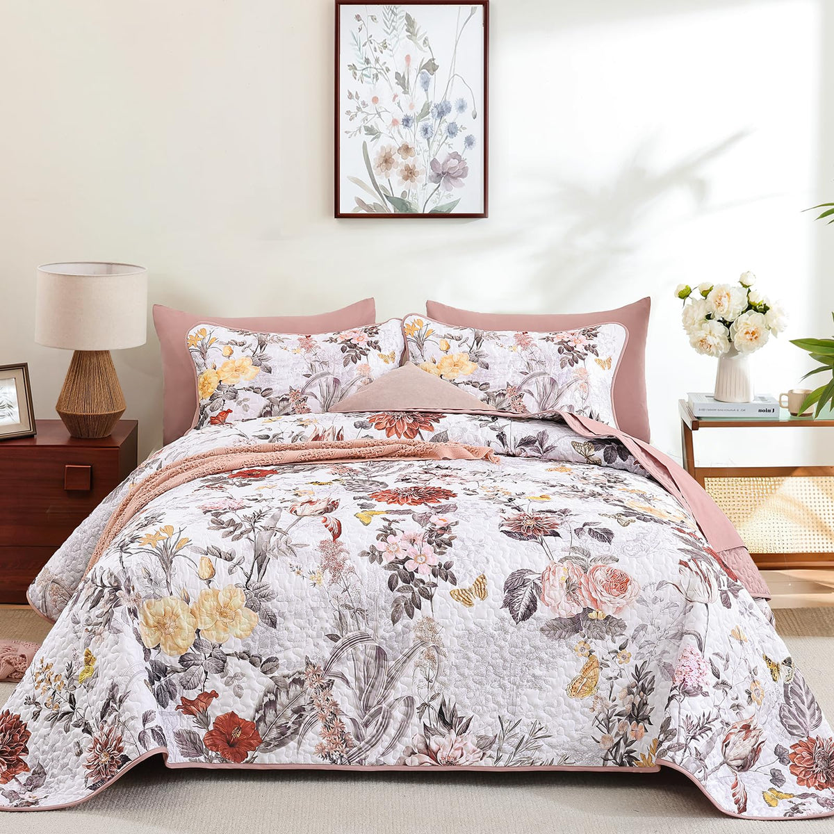 Anibedding Sage Green King Quilt Sets,3 Piece Floral Farmhouse Botanical Lightweight Bedspread Coverlet with 2 Shams Microfiber Spring Summer Bedding Set for All Season(110"x90")