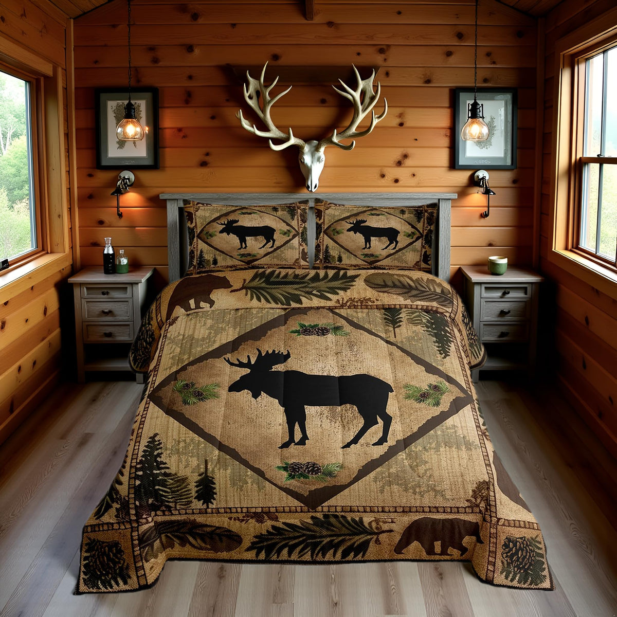 Homewish Jungle Cabin Comforter Set,Moose Animal Pine Trees Bedding Sets for Kids Teens Adults,Retro Wooden Stripes Rustic Farmhouse Quilted Comforter with 2 Pillowcases Queen Size 3 Pcs