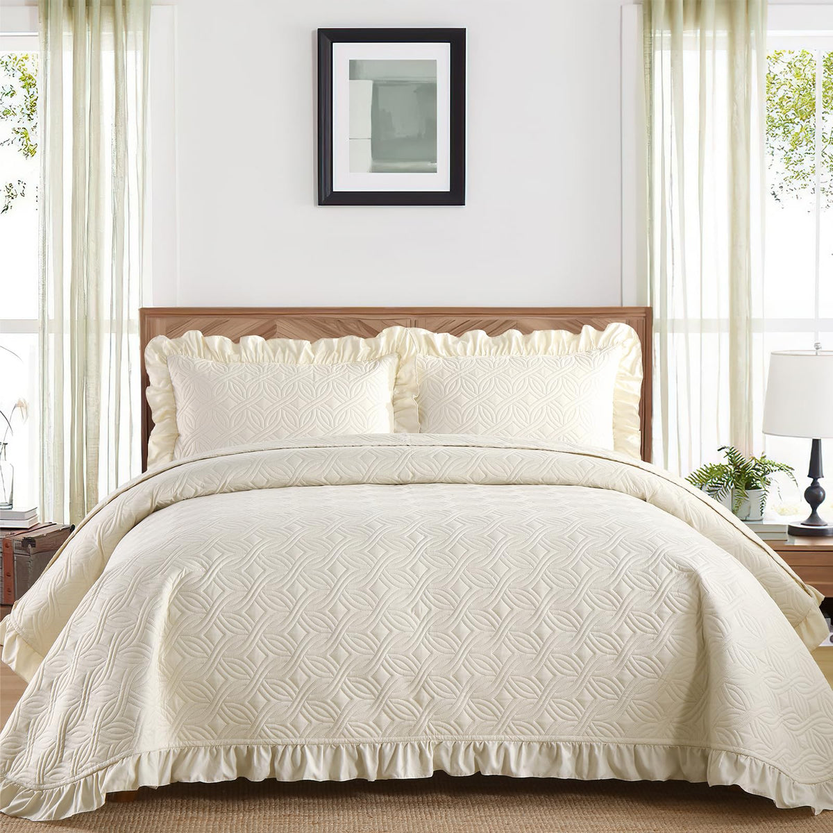 DJY Quilts Queen Size, Ruffled Reversible Bedding Set, Beige
