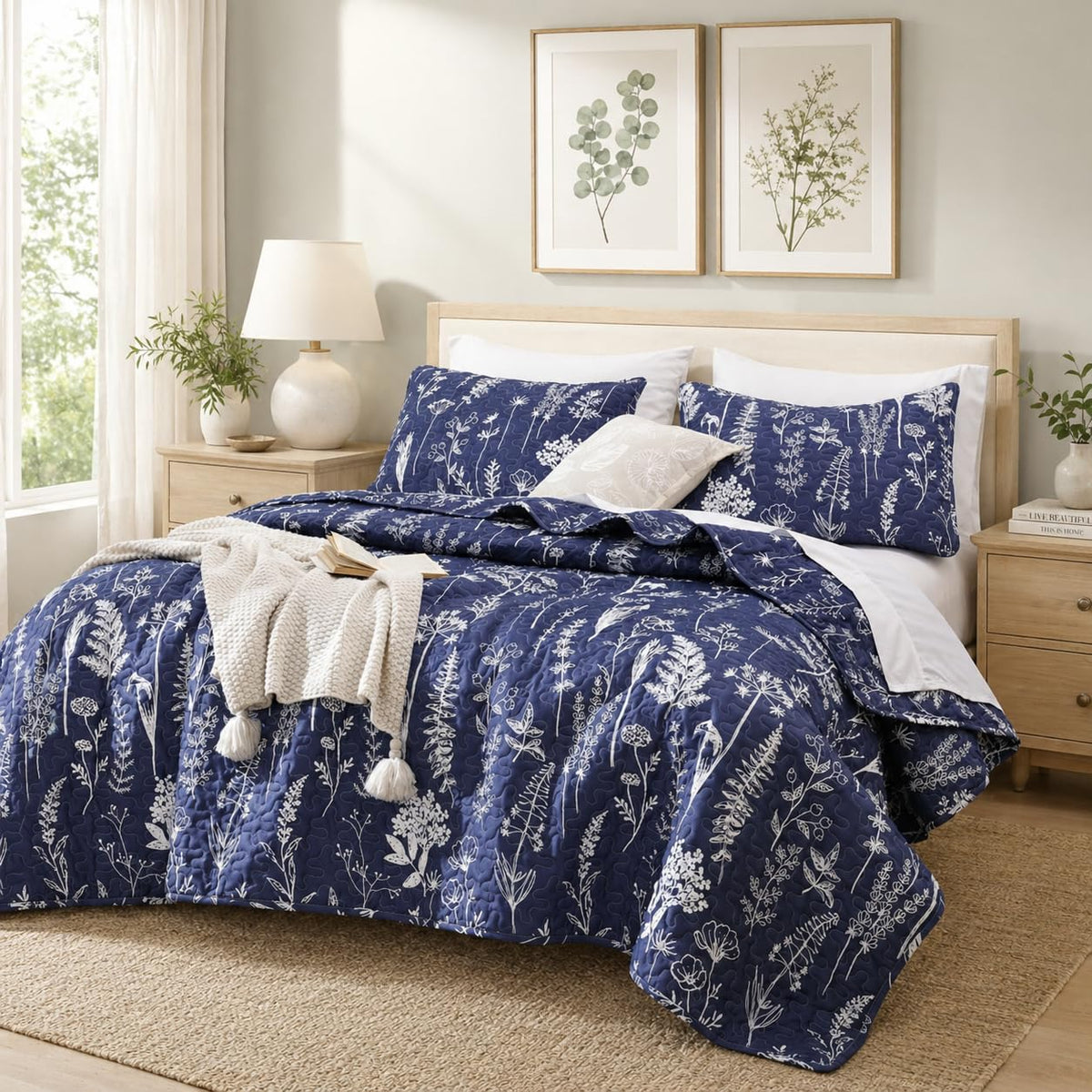 JANZAA Quilts Queen Size, Sage Green Bedspread 3 Pcs Floral Bedding Set