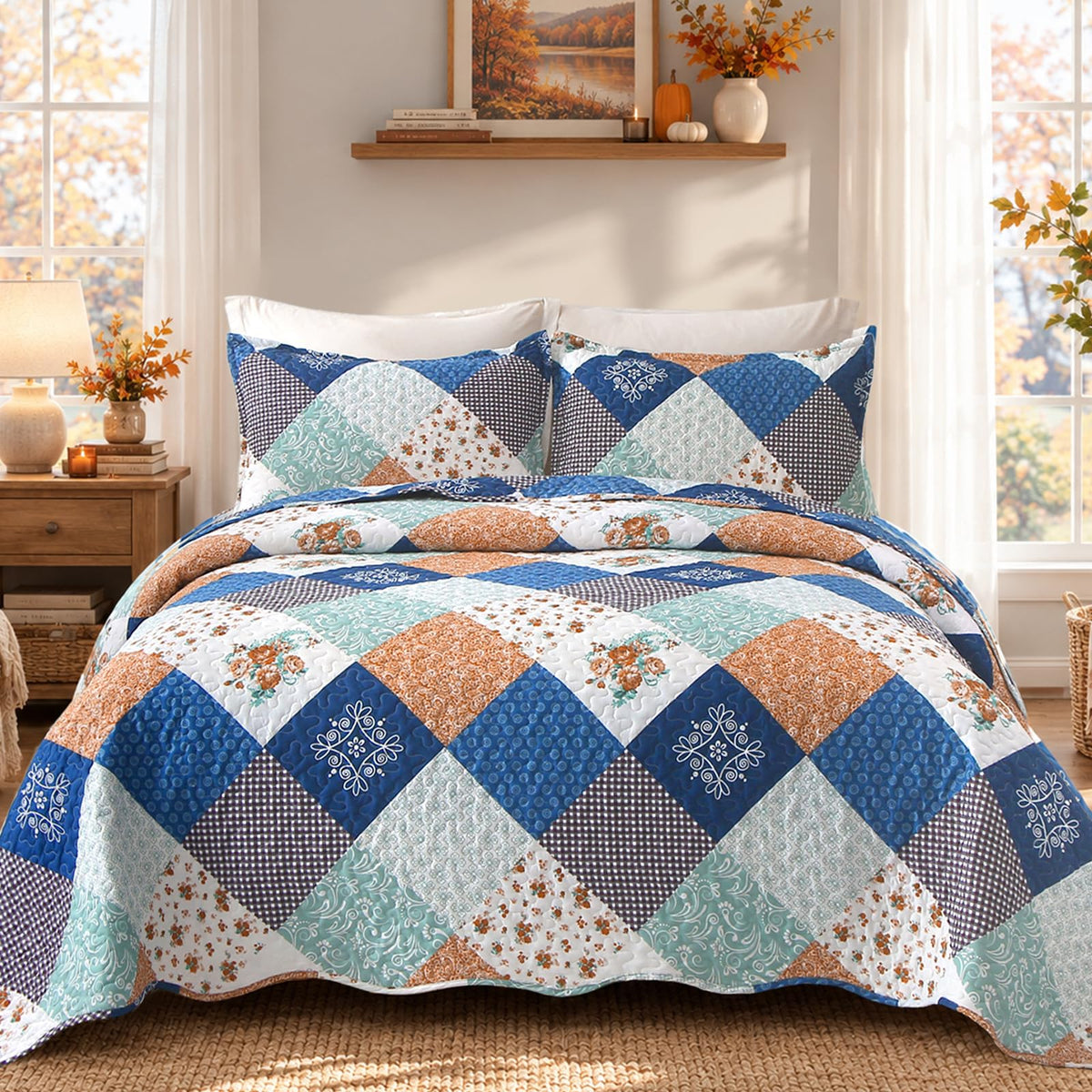 Dinjoy Boho Quilt Set Full Size, Patchwork Floral Bedspreads, Purple