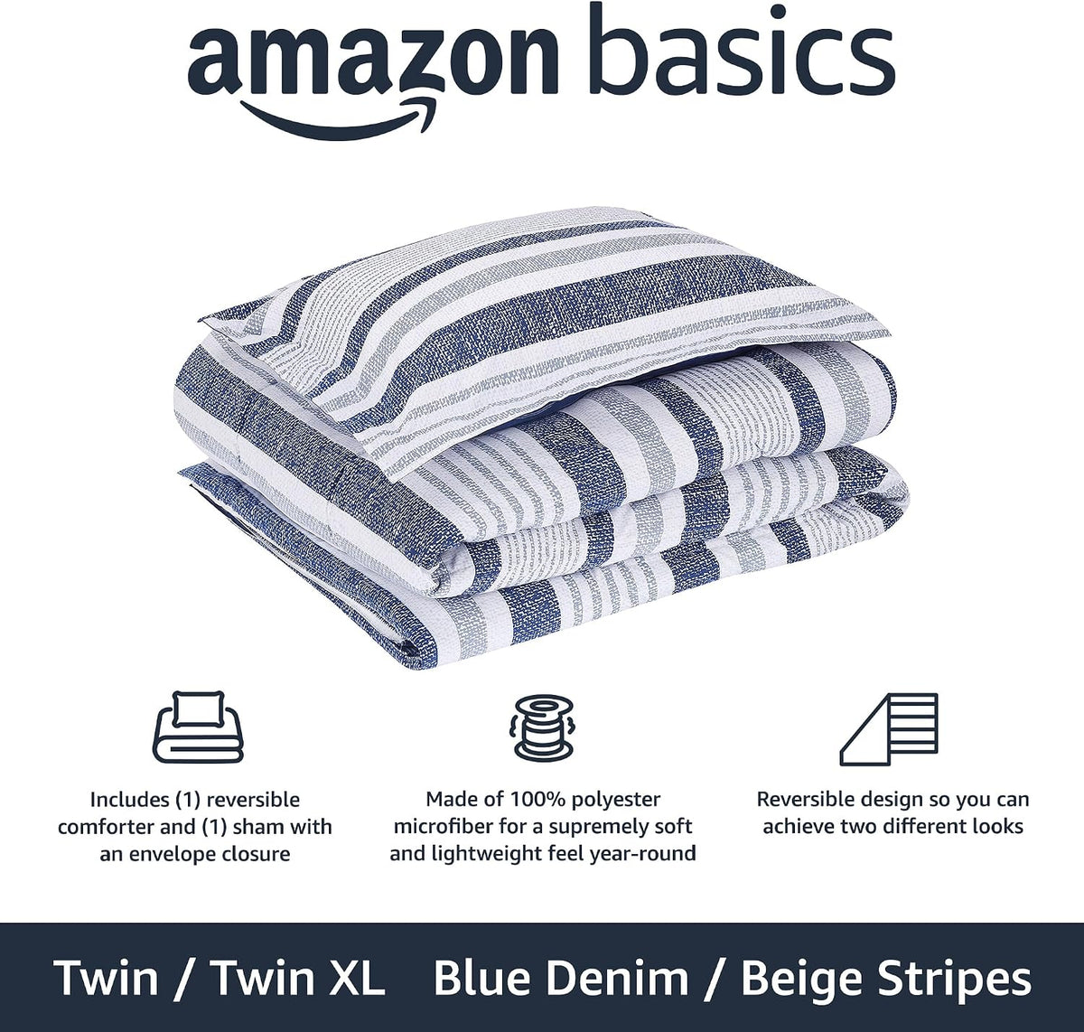 Amazon Basics Twin/Twin XL Size Ultra-Soft Lightweight Microfiber Reversible 2-Piece Bedding Comforter Set, Blue Denim/Beige Stripes