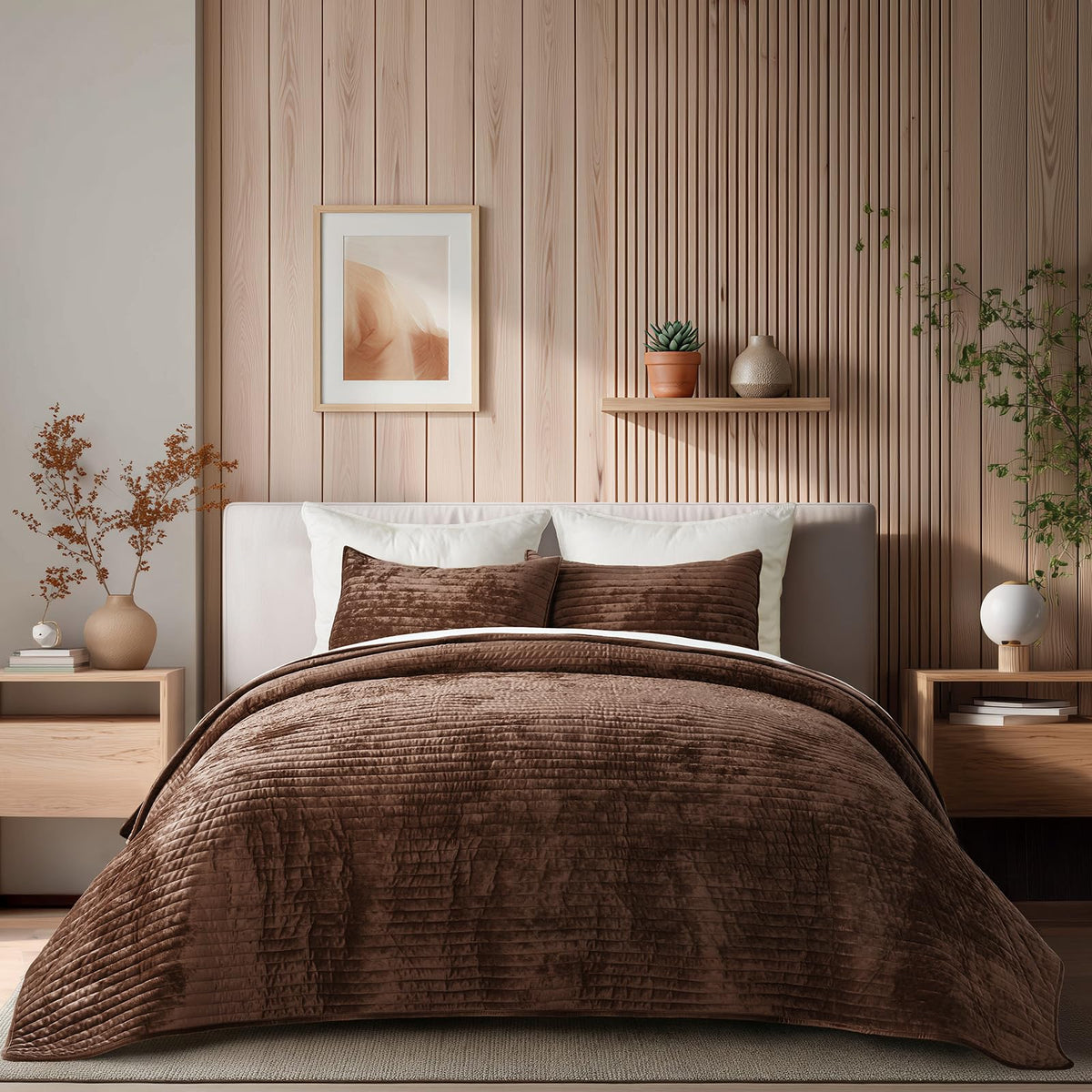 EverGrace Stripe Channel Luxury Velvet Quilt Set King Size, Mocha Brown
