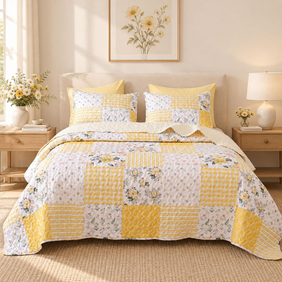YIKUSH Floral Quilt Set Queen Size – Ultra Soft Lightweight Bedspread, 3 Piece Pink Bedding Set (90"x90") with Pillowcases (20"x26"), All Season Coverlet for Bedroom & Guest Room