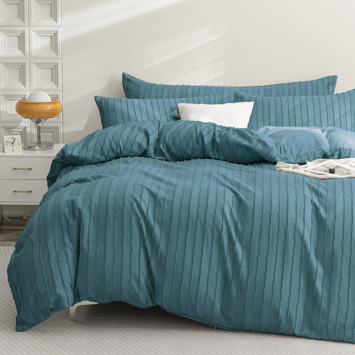 JELLYMONI White Striped Tufted Duvet Cover Set Queen Size