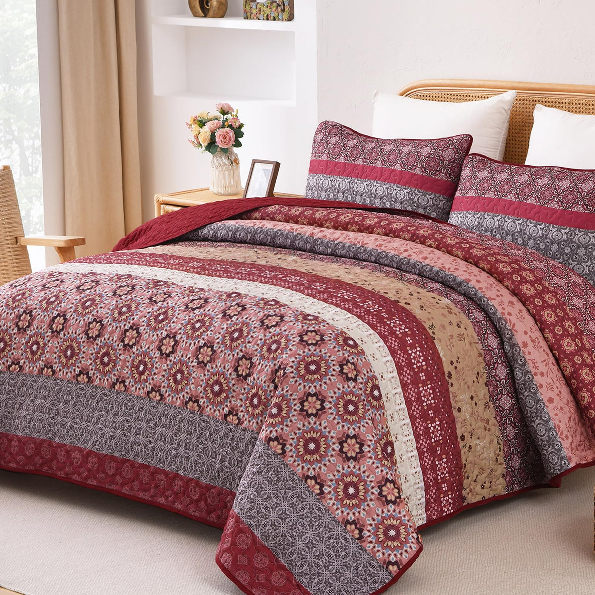 WONGS BEDDING Boho Quilt Set Queen，3 Pcs Yellow Floral Striped Bedspread
