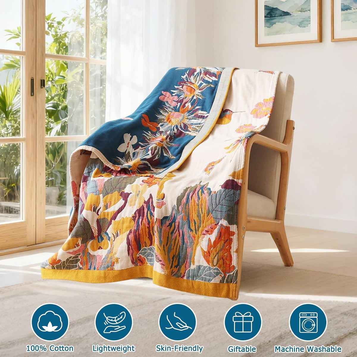 Boho Throw Blanket, 100% Cotton Lightweight Throws for Couch 50"x60"