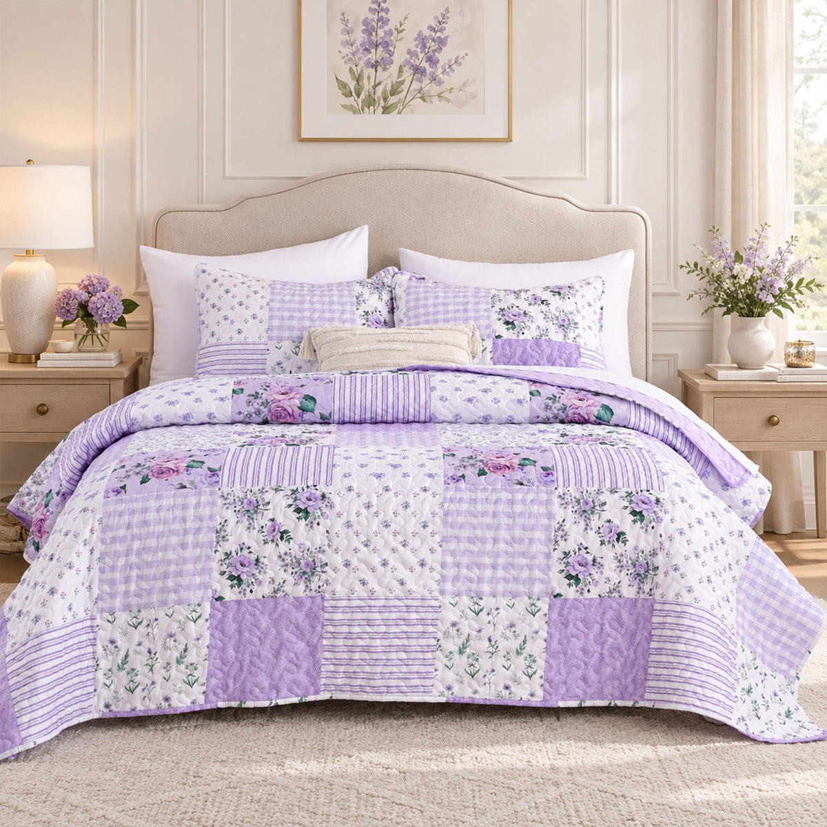 YIKUSH Floral Quilt Set Queen Size – Ultra Soft Lightweight Bedspread, 3 Piece Pink Bedding Set (90"x90") with Pillowcases (20"x26"), All Season Coverlet for Bedroom & Guest Room