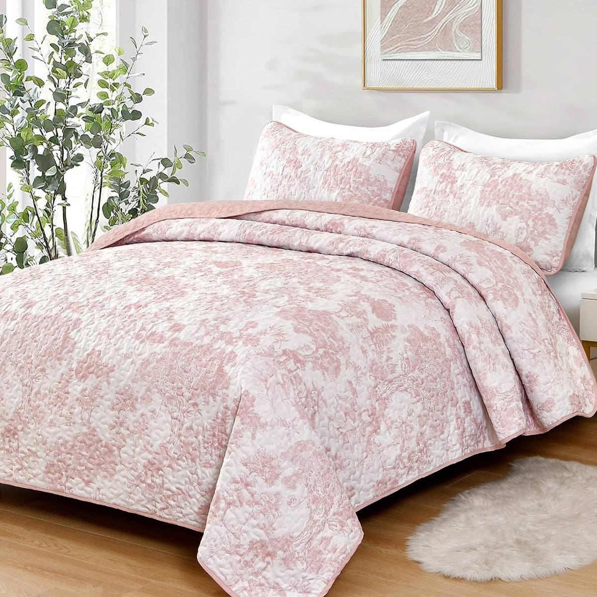 WONGS BEDDING Sage Green Quilt Set King Size, Botanical Floral Bedspread