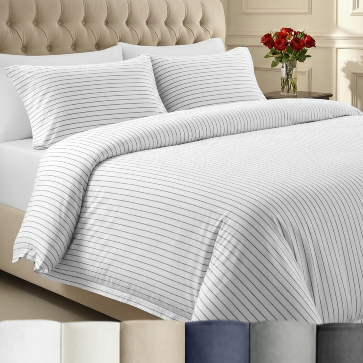 California Design Den Luxury Duvet Cover Set King, Striped White