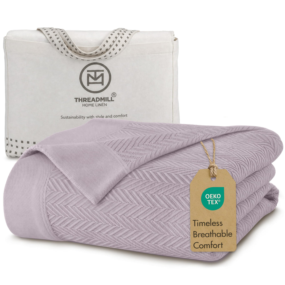 Threadmill Luxury 100% Cotton Twin Herringbone Blanket, Lilac