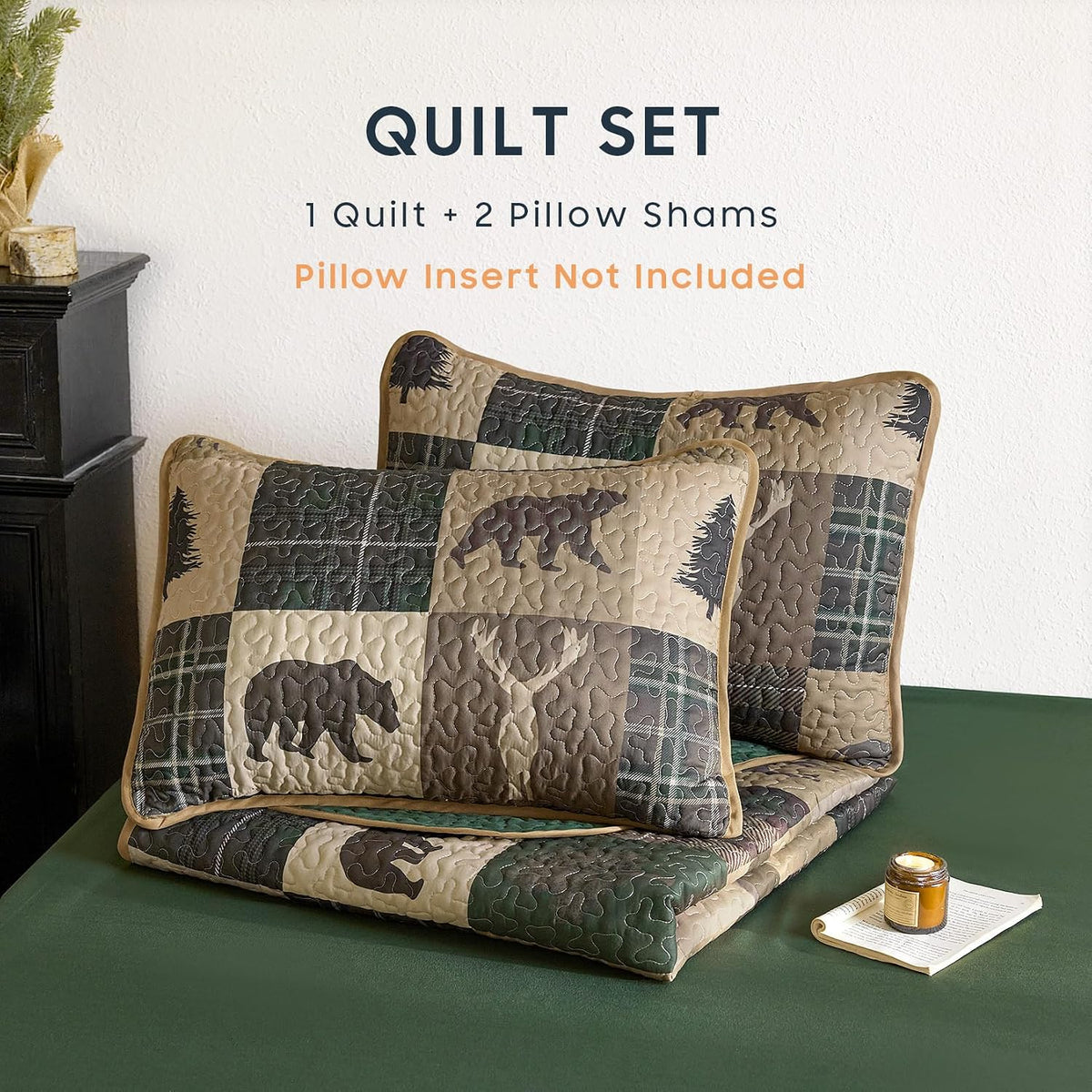 Wake In Cloud - Rustic Quilt Set, Cabin Lodge Christmas Bear Moose Deer Wildlife Western Patchwork Country, Reversible Lightweight Bedspread Coverlet, 3 Pieces, Green Brown, Twin/Twin XL Size