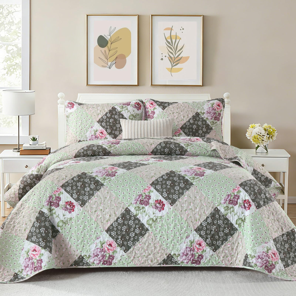 Dinjoy Boho Quilt Set Full Size, Patchwork Floral Bedspreads, Purple
