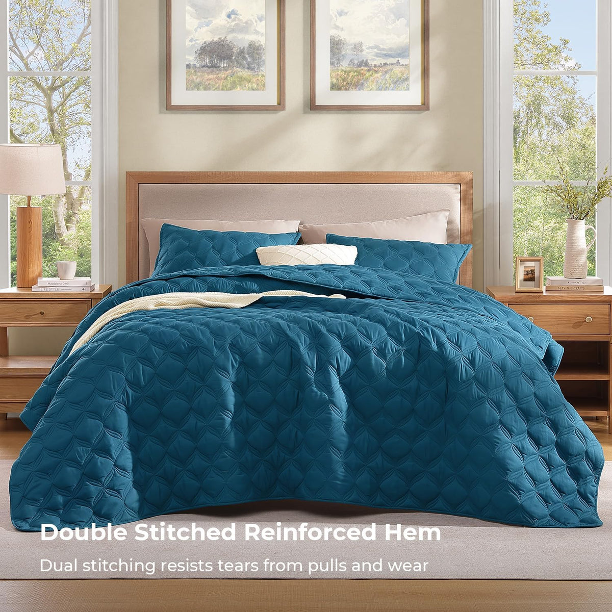 Litanika King Quilt Bedding Set, 3 Pieces Teal Blue Bedspreads Set