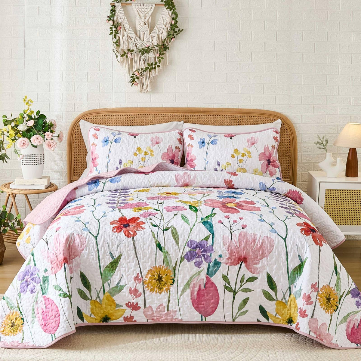 Anibedding Floral Quilt Set King, 3 Pieces Yellow Lightweight Bedspread